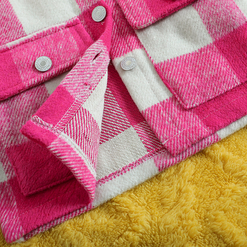Girls Pink Checked Shirt Collar Windcheater Cotton Tailored Jacket