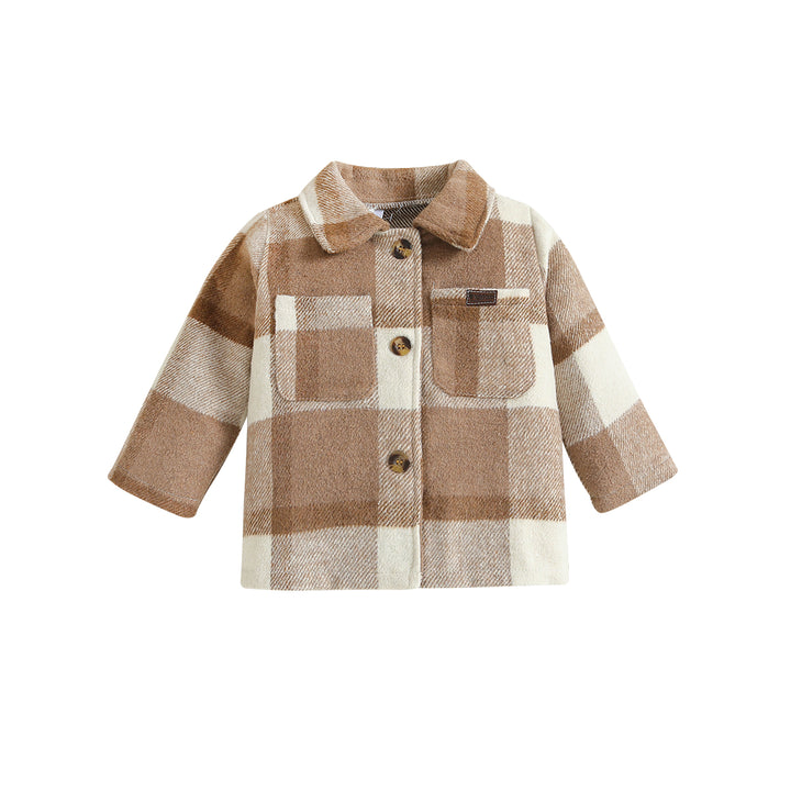 Boys Khaki Checked Spread Collar Long Sleeve Cotton Casual Shacket