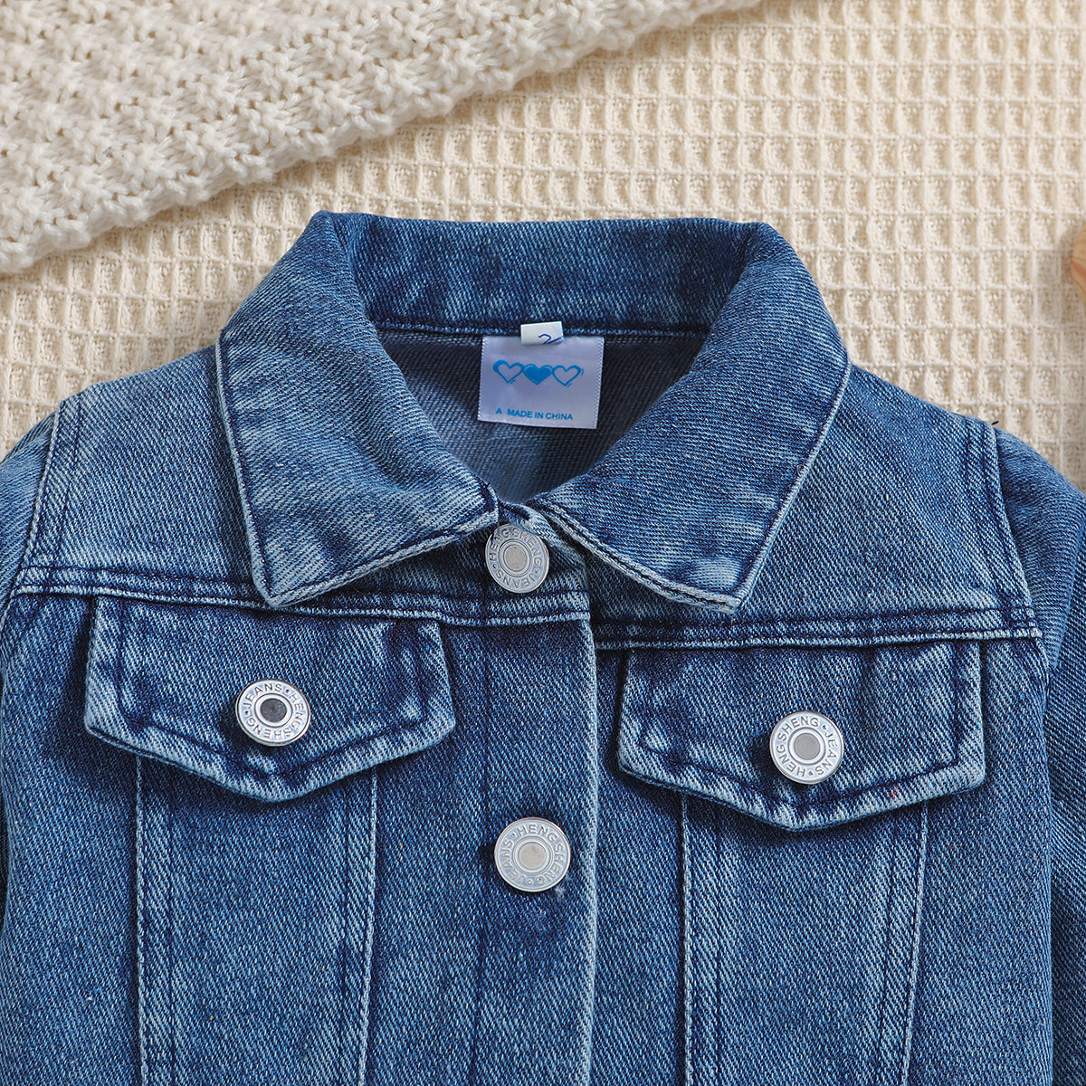 Girls Blue Spread Collar Patchwork Denim Jacket