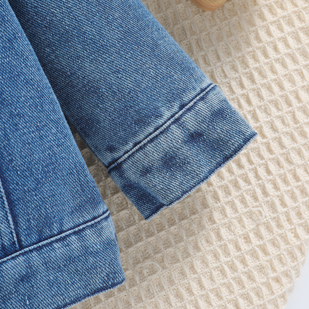 Girls Blue Spread Collar Patchwork Denim Jacket