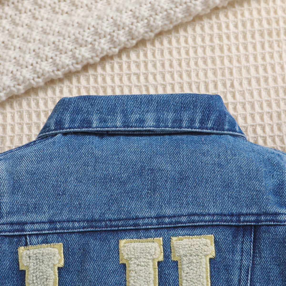 Girls Blue Spread Collar Patchwork Denim Jacket