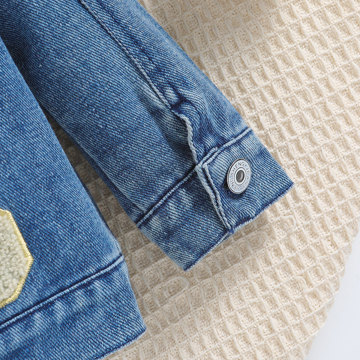 Girls Blue Spread Collar Patchwork Denim Jacket