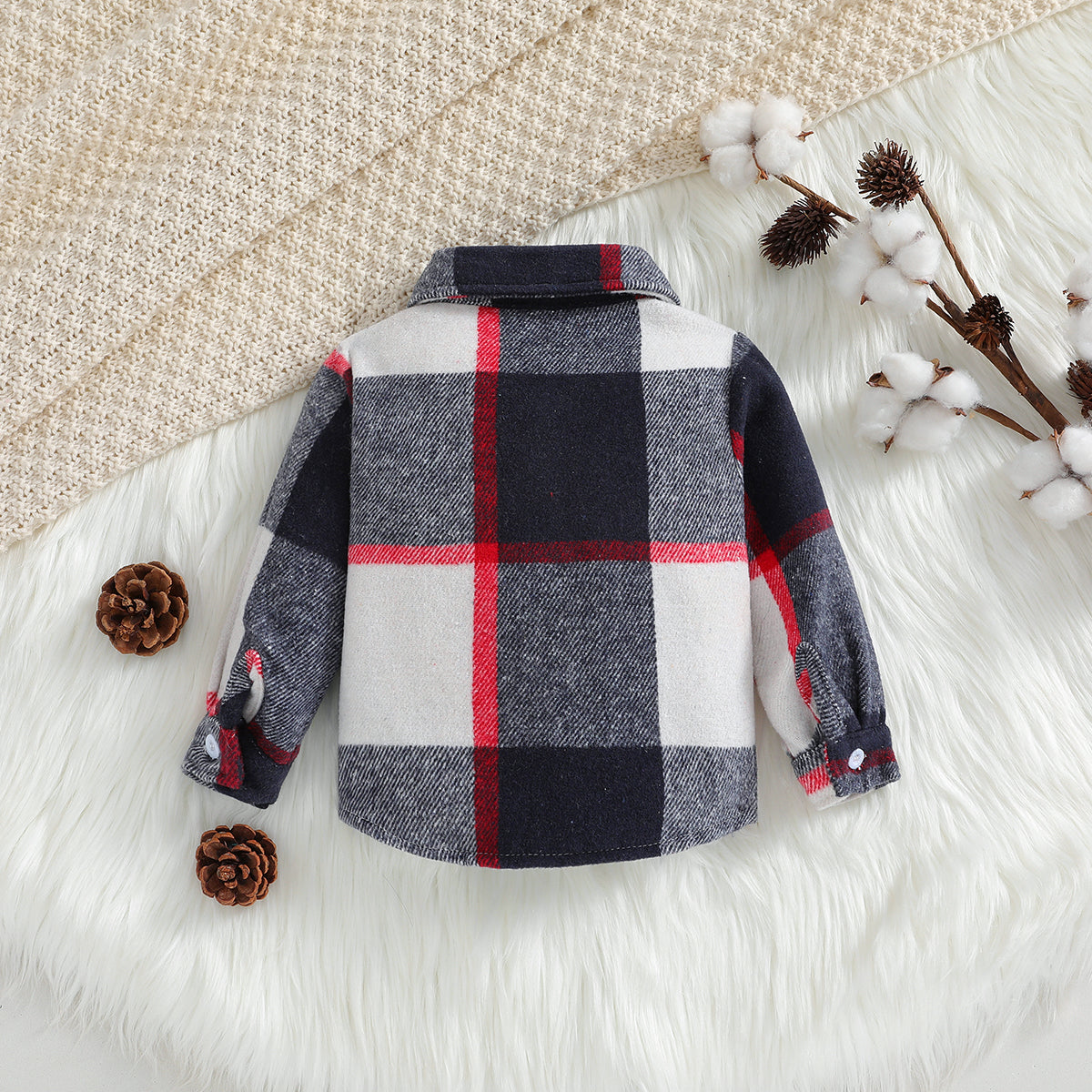 Boys Black Spread Collar Checked Cotton Shacket