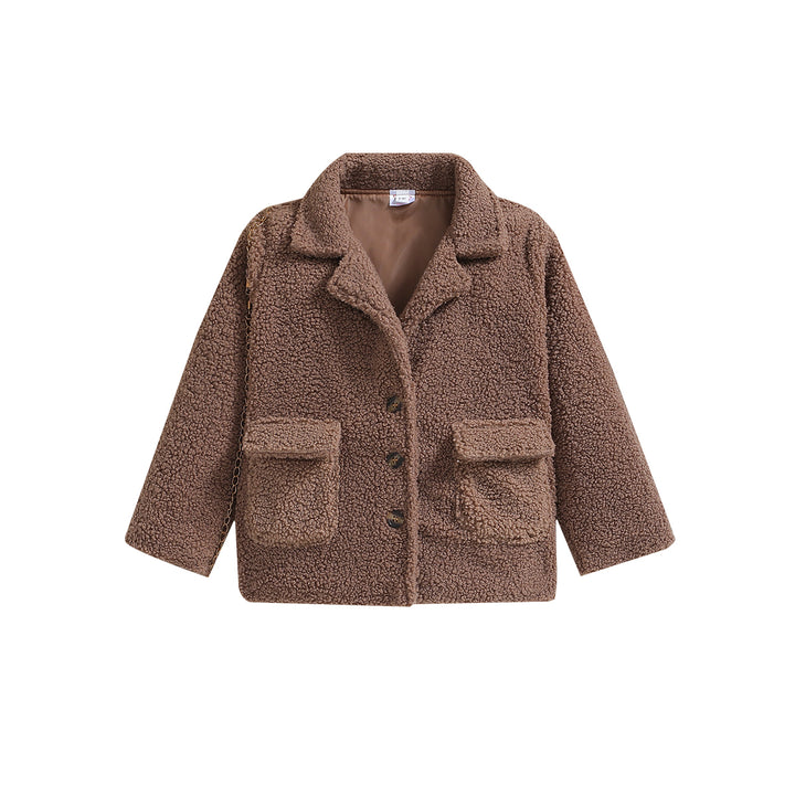 Brown Boys Single-Breasted Notched Lapel Collar Cotton Overcoat