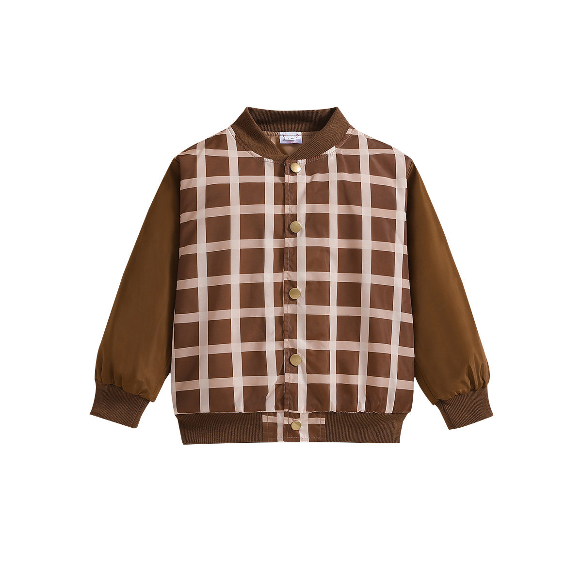 Boys Brown Checked Stand Collar Insulator Cotton Bomber Jacket