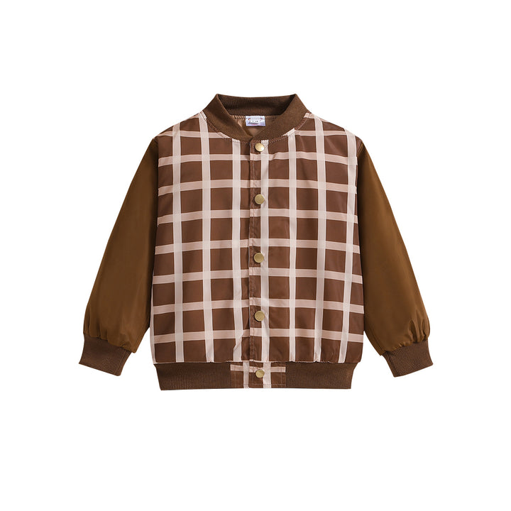 Boys Brown Checked Stand Collar Insulator Cotton Bomber Jacket