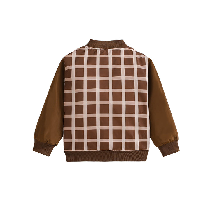 Boys Brown Checked Stand Collar Insulator Cotton Bomber Jacket