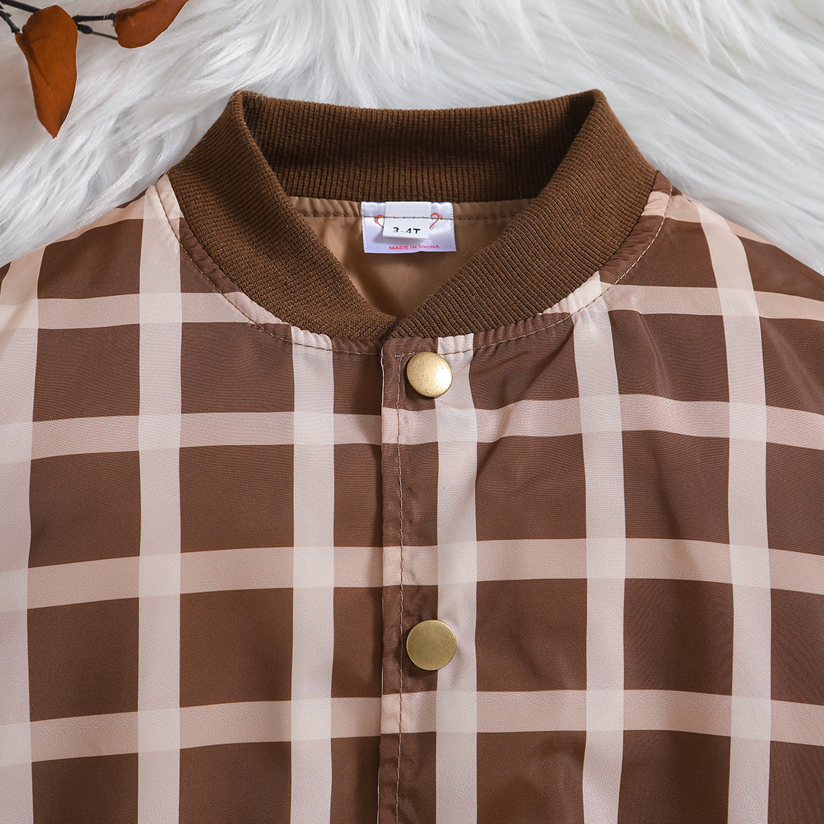 Boys Brown Checked Stand Collar Insulator Cotton Bomber Jacket