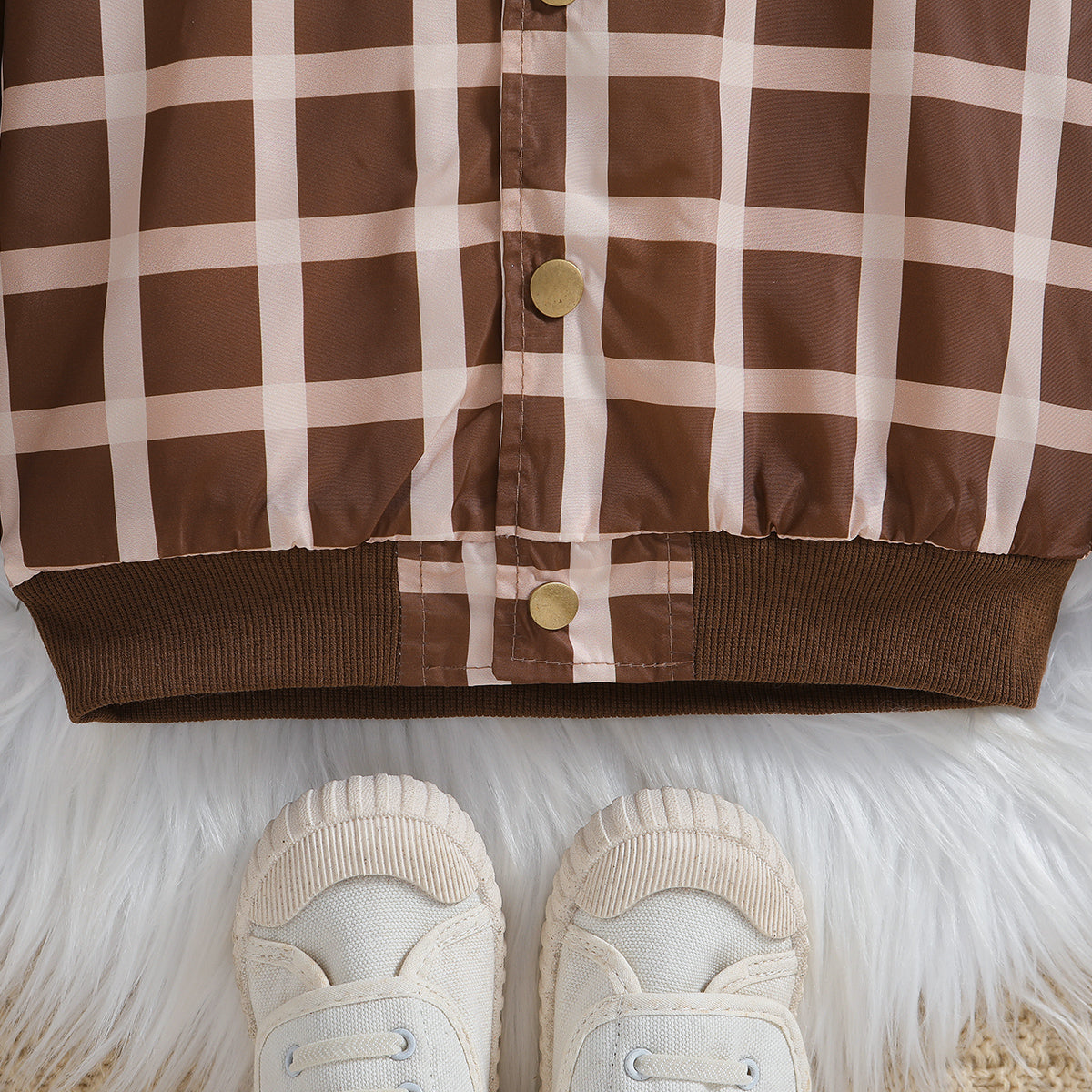 Boys Brown Checked Stand Collar Insulator Cotton Bomber Jacket