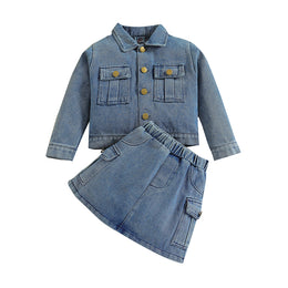 Girls Blue Shirt Collar Shirt with Skirt
