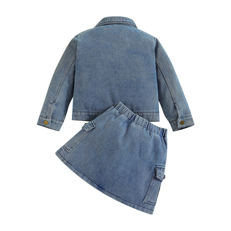 Girls Blue Shirt Collar Shirt with Skirt