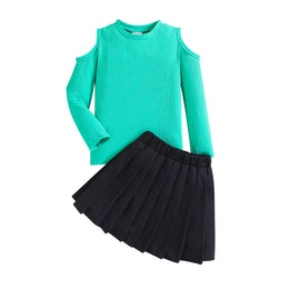 Girls Green Self Design Cold Shoulder Top with Skirt