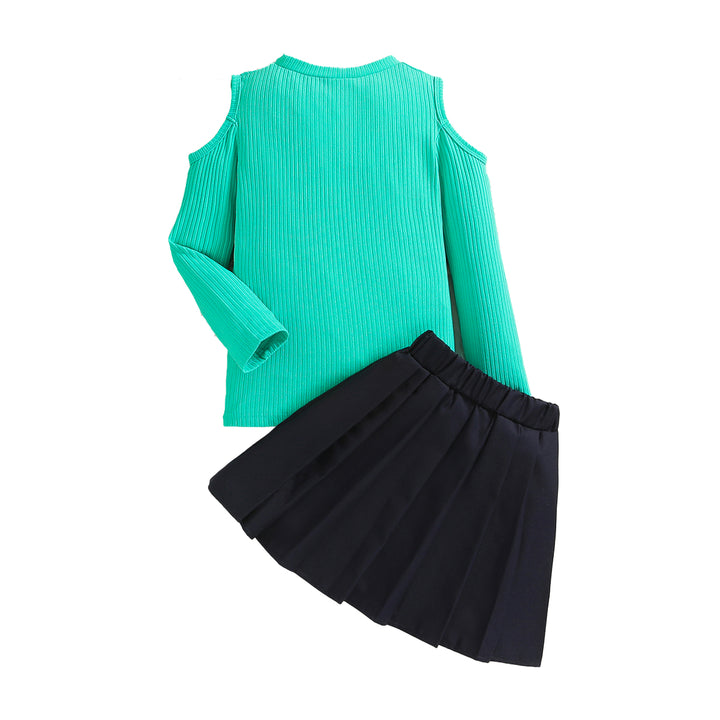 Girls Green Self Design Cold Shoulder Top with Skirt
