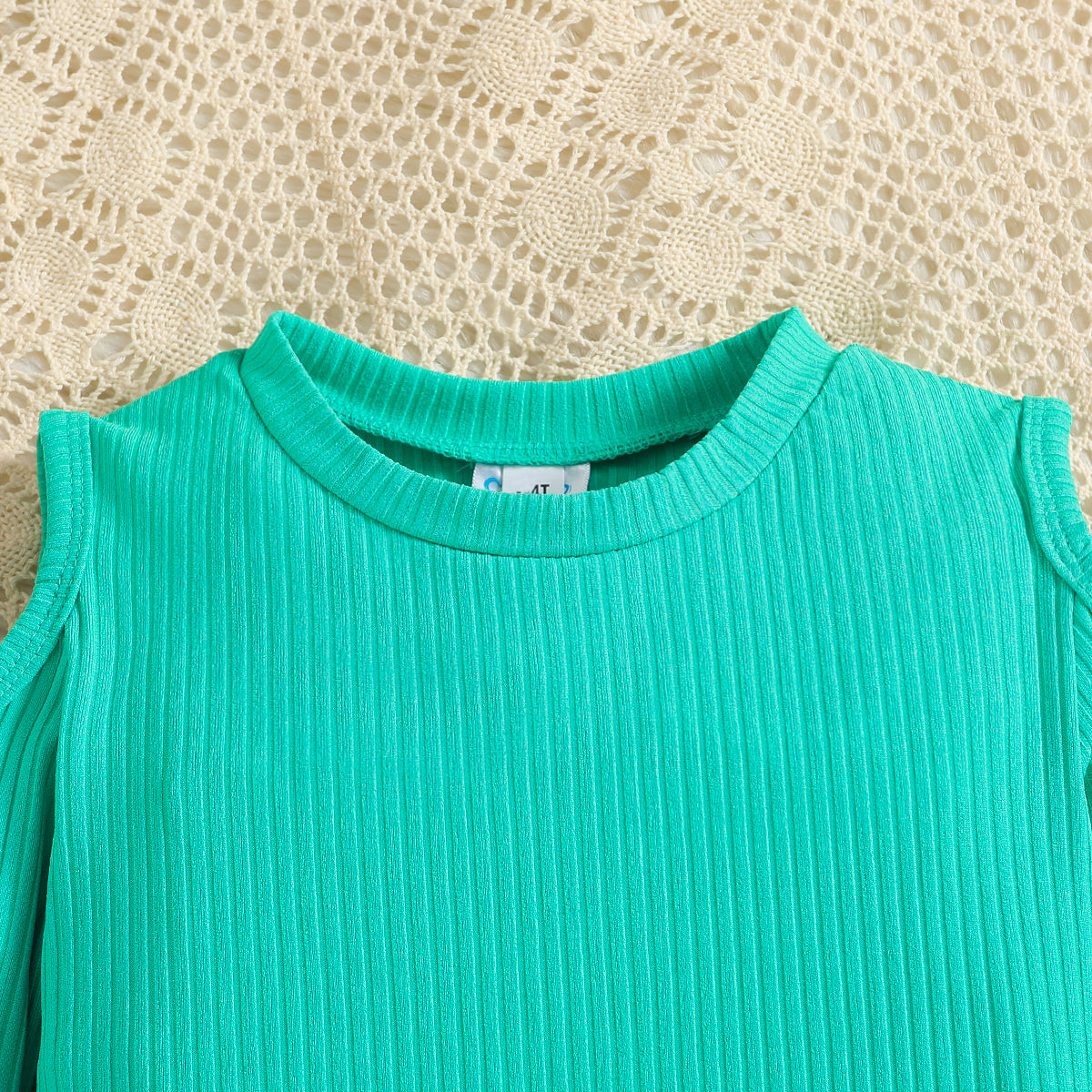 Girls Green Self Design Cold Shoulder Top with Skirt