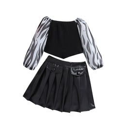 Girls Black & White Printed Top with Skirt