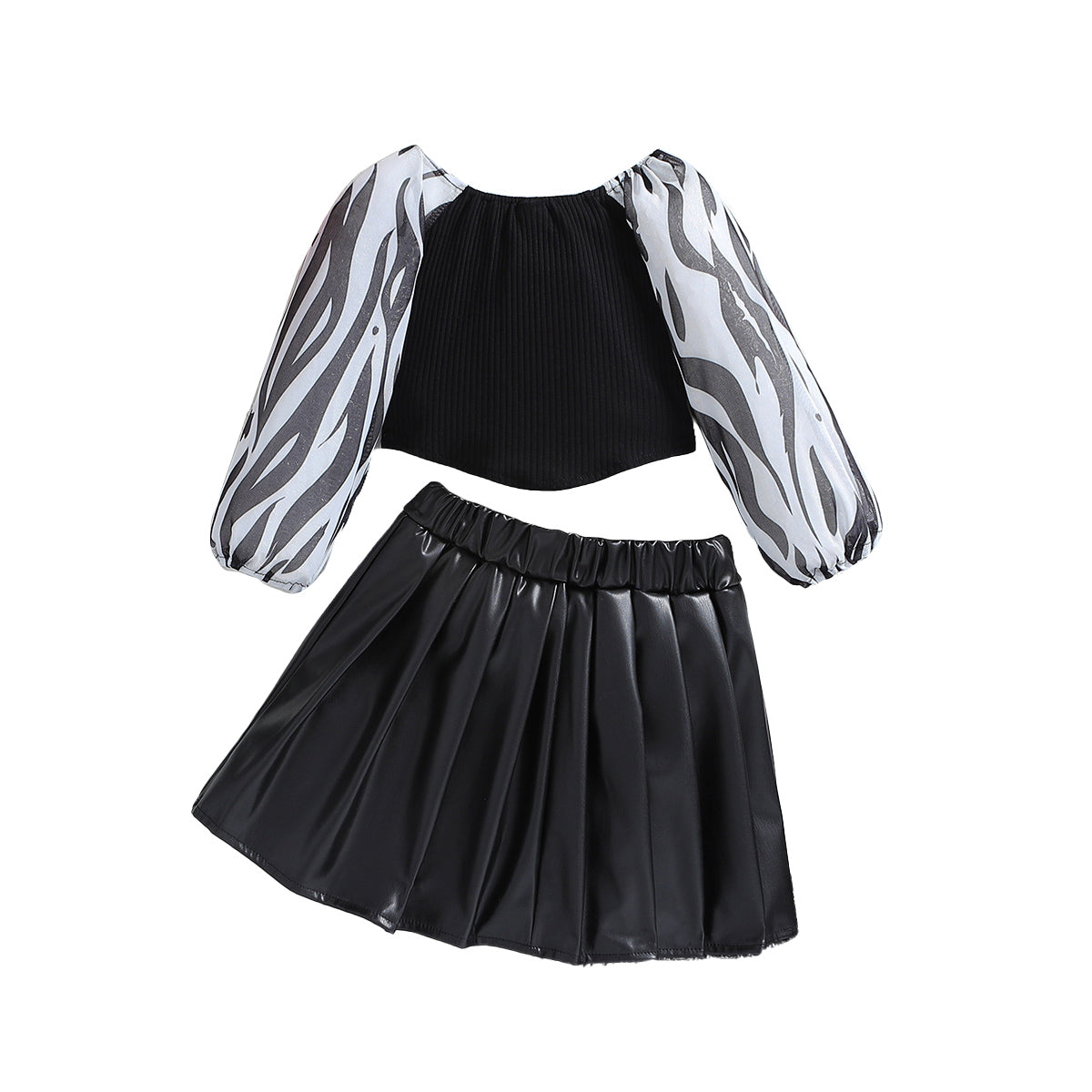 Girls Black & White Printed Top with Skirt