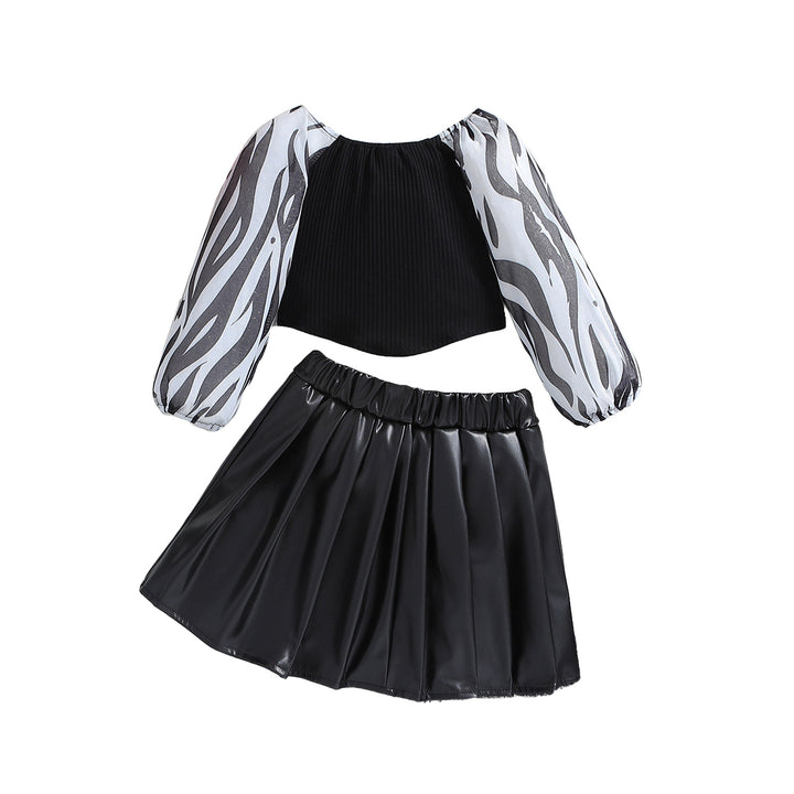 Girls Black & White Printed Top with Skirt