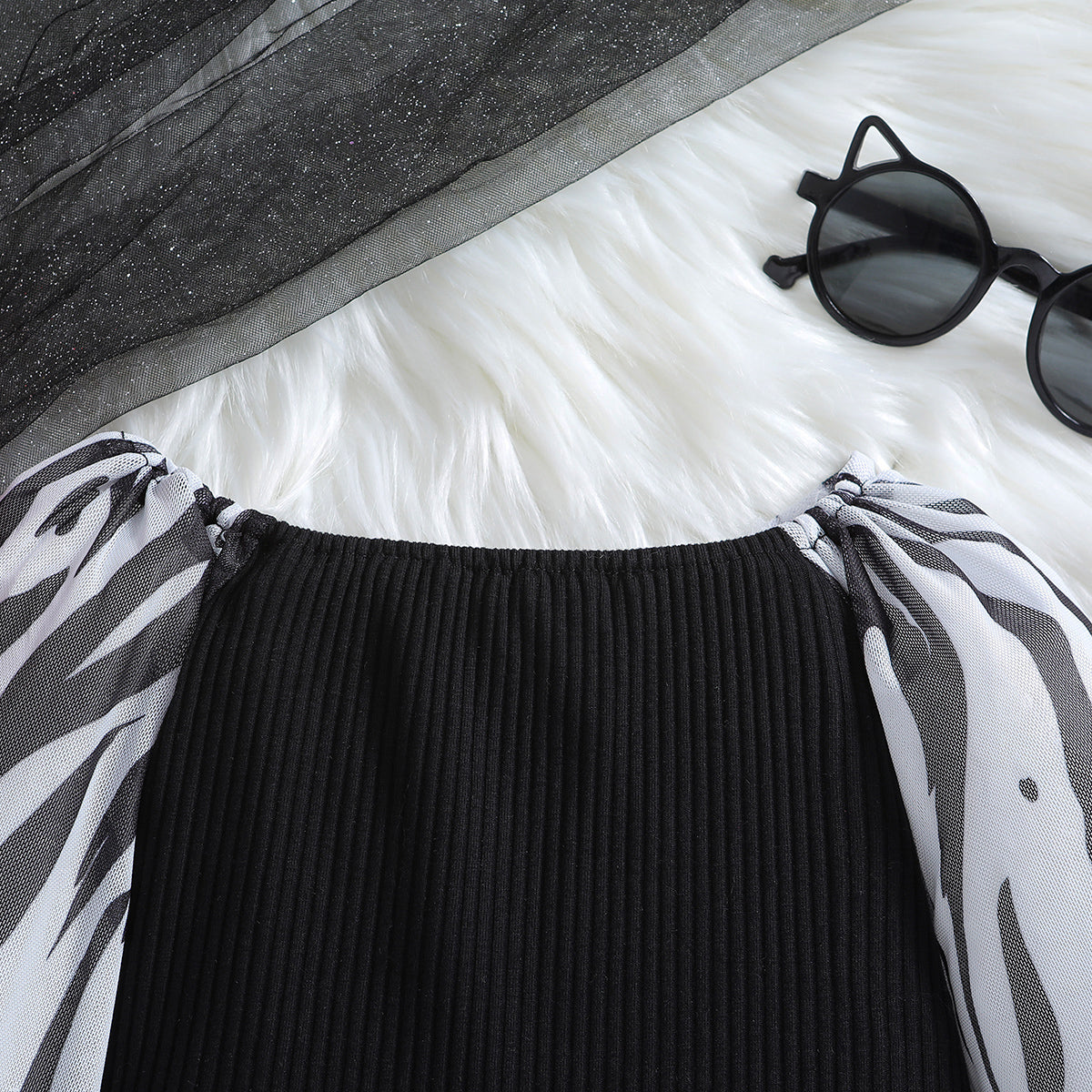 Girls Black & White Printed Top with Skirt