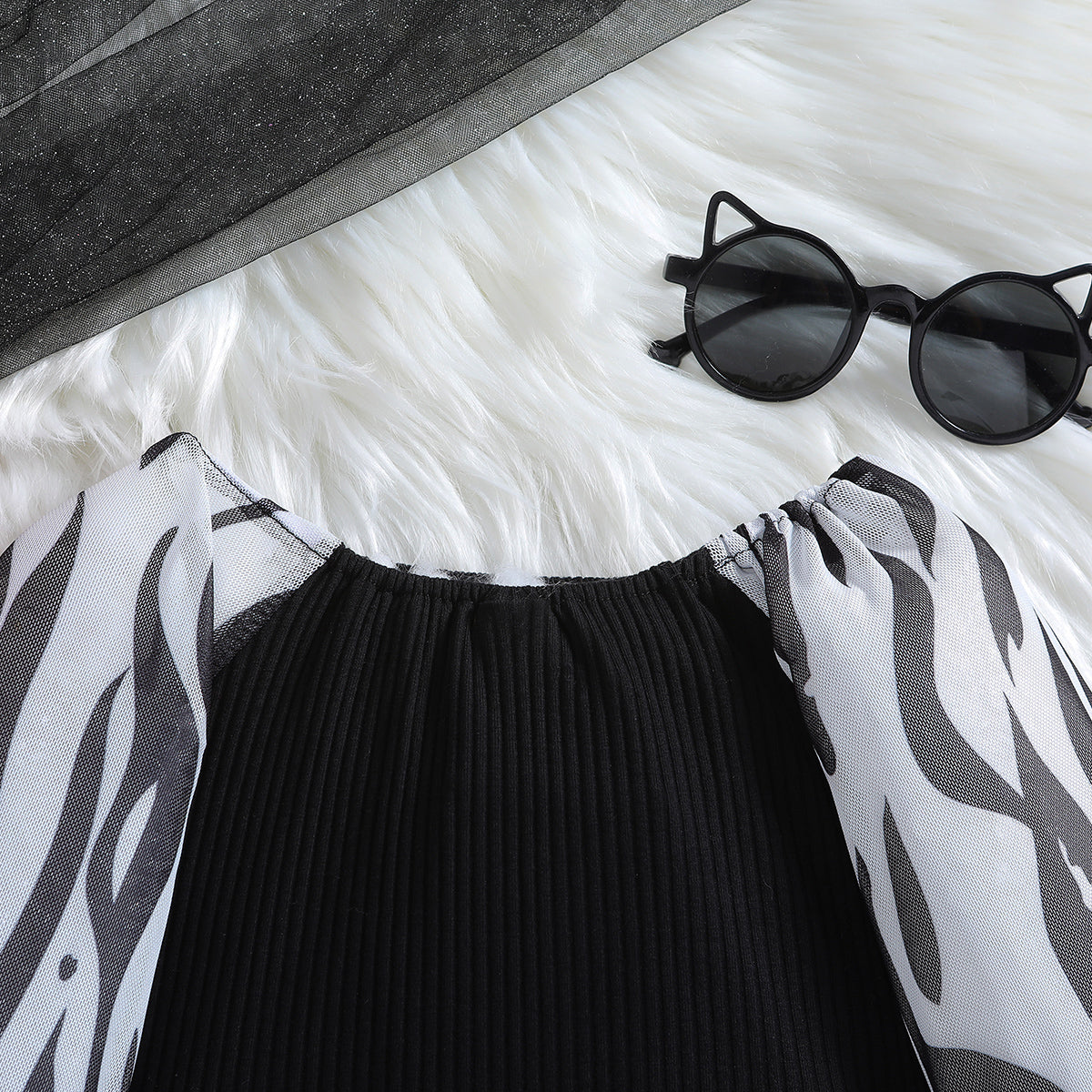 Girls Black & White Printed Top with Skirt