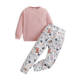 Girls Pink & White T-shirt with Printed Trouser