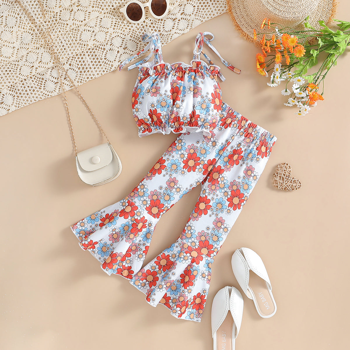 Girls Floral Printed Shoulder Straps Top With Palazzo