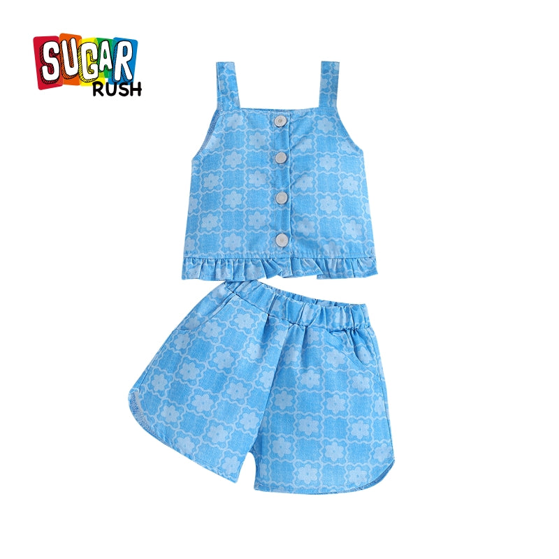 Girls Printed Shoulder Straps Top With Short