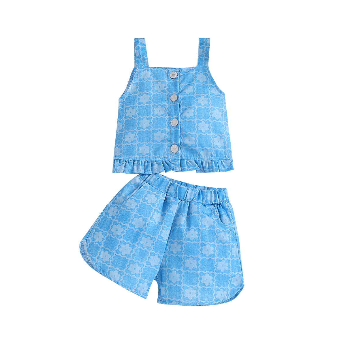 Girls Printed Shoulder Straps Top With Short