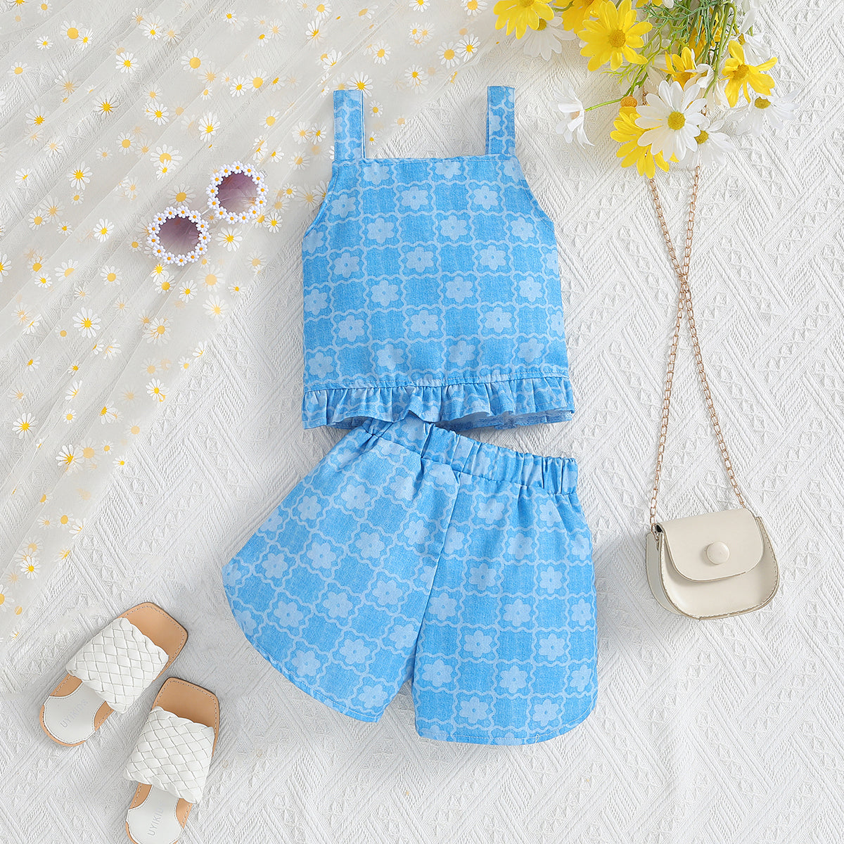 Girls Printed Shoulder Straps Top With Short