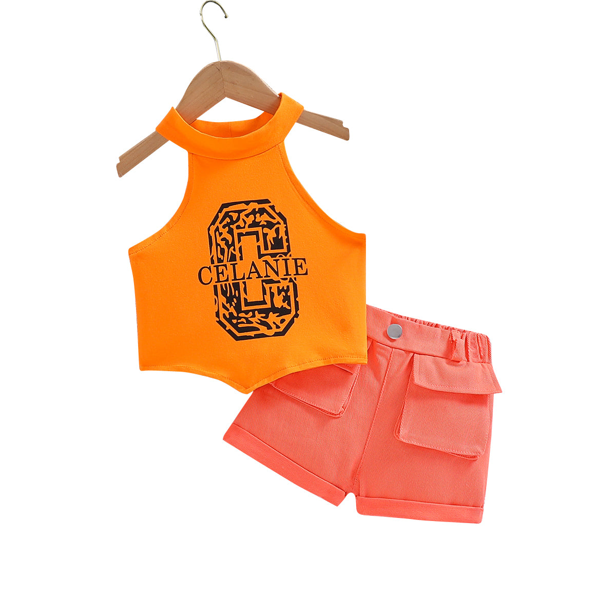Girls Orange & Black Graphic Printed Sleeveless Top with Shorts