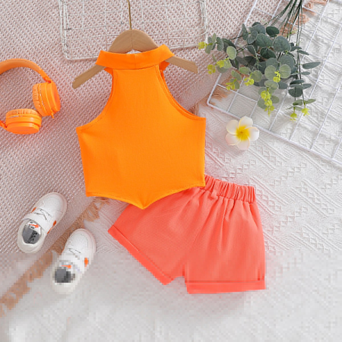 Girls Orange & Black Graphic Printed Sleeveless Top with Shorts