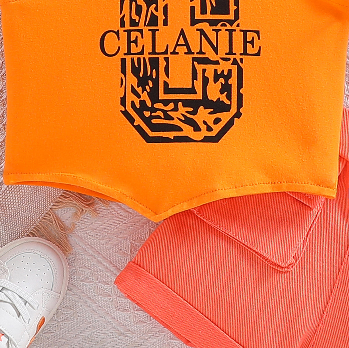 Girls Orange & Black Graphic Printed Sleeveless Top with Shorts