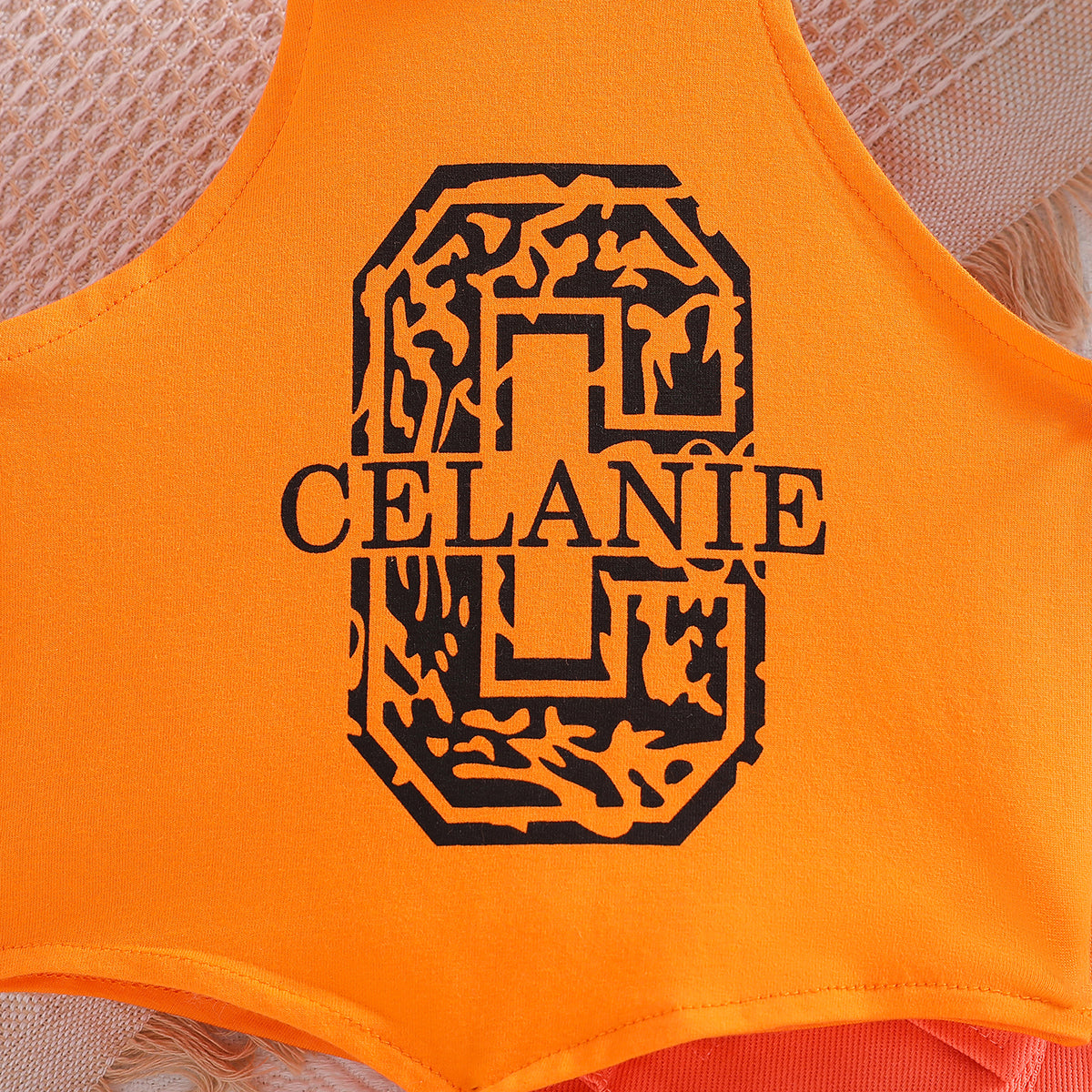 Girls Orange & Black Graphic Printed Sleeveless Top with Shorts