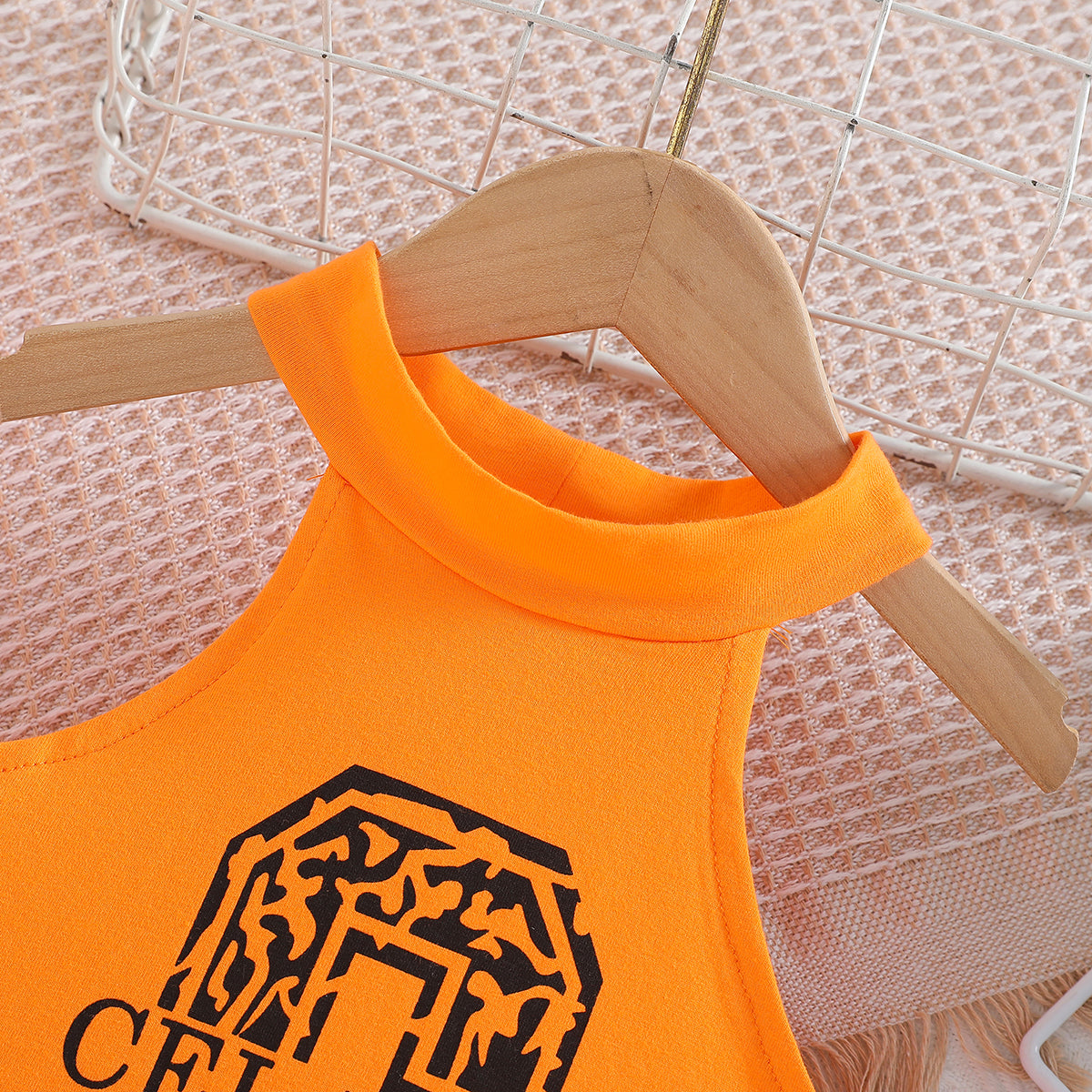 Girls Orange & Black Graphic Printed Sleeveless Top with Shorts