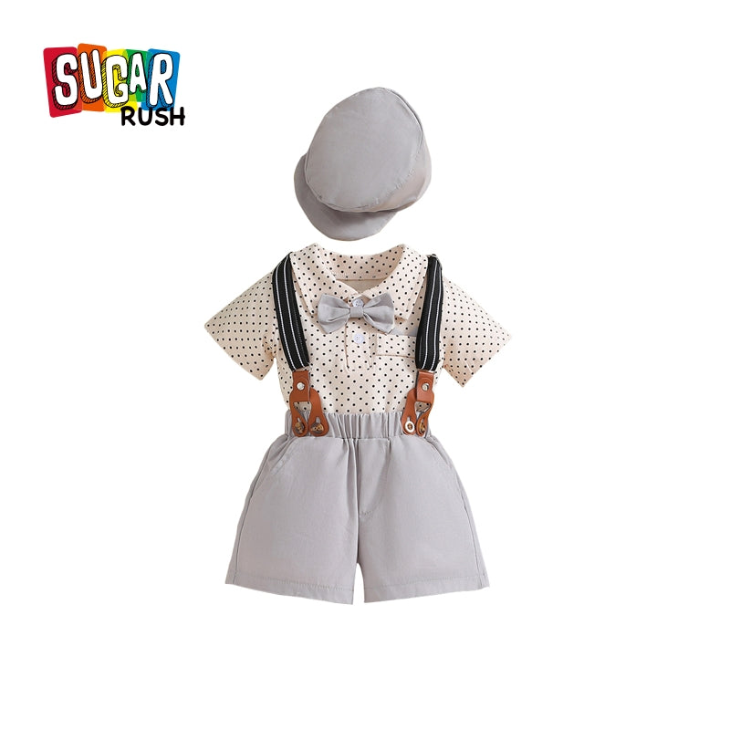 Khaki Infant Boys Printed Bodysuit with Shorts And Suspenders