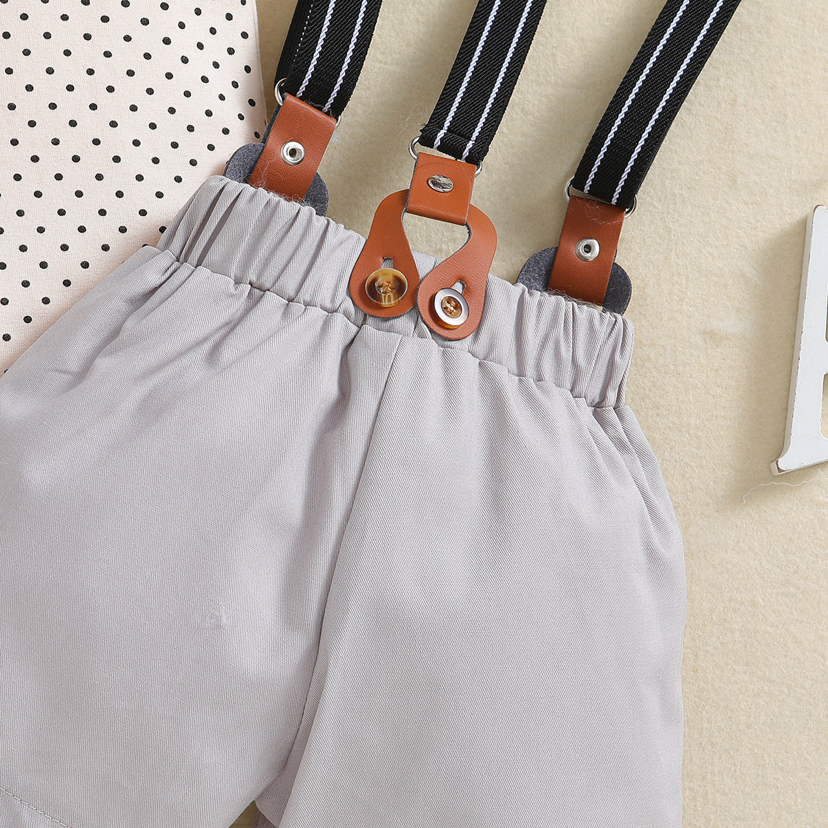 Khaki Infant Boys Printed Bodysuit with Shorts And Suspenders