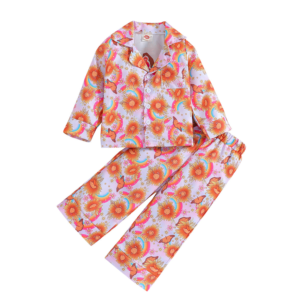 Girls Orange & White Floral Printed Cuban Collar Shirt with Palazzos