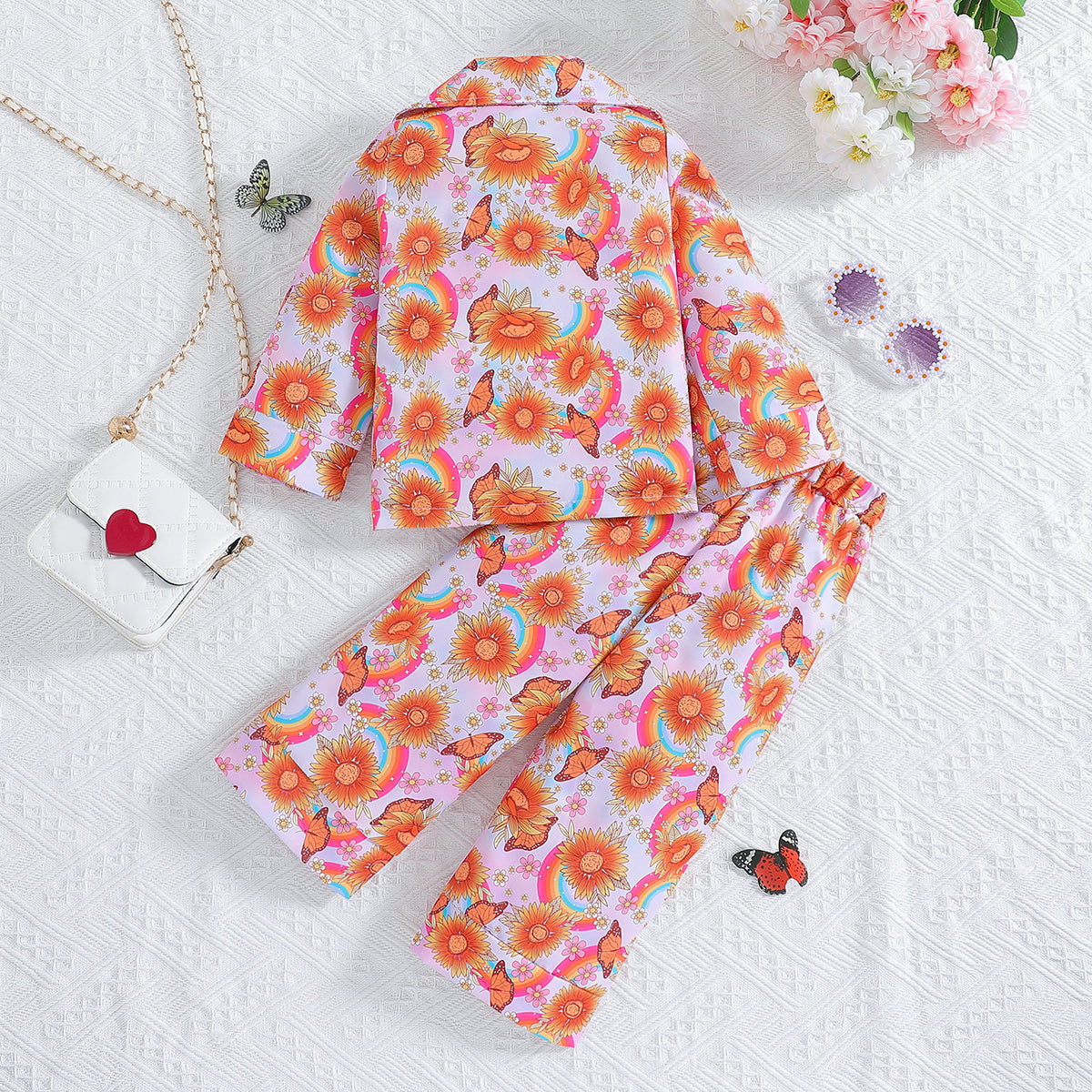 Girls Orange & White Floral Printed Cuban Collar Shirt with Palazzos