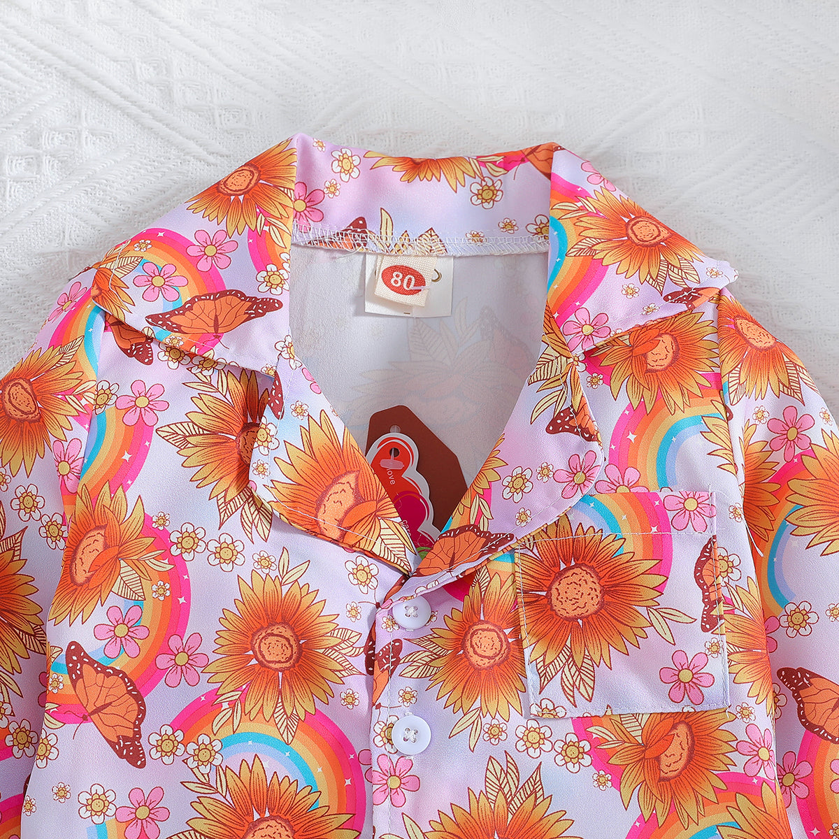 Girls Orange & White Floral Printed Cuban Collar Shirt with Palazzos