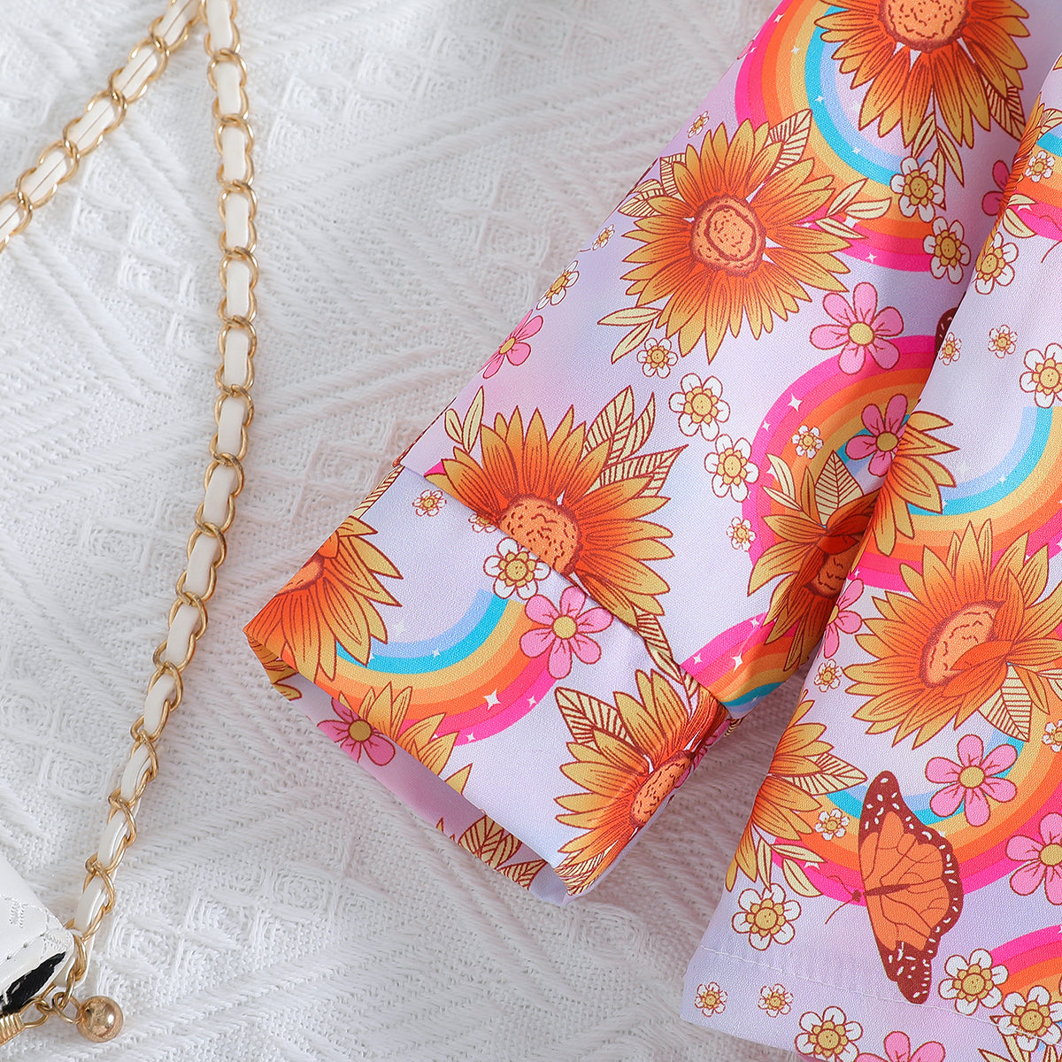 Girls Orange & White Floral Printed Cuban Collar Shirt with Palazzos