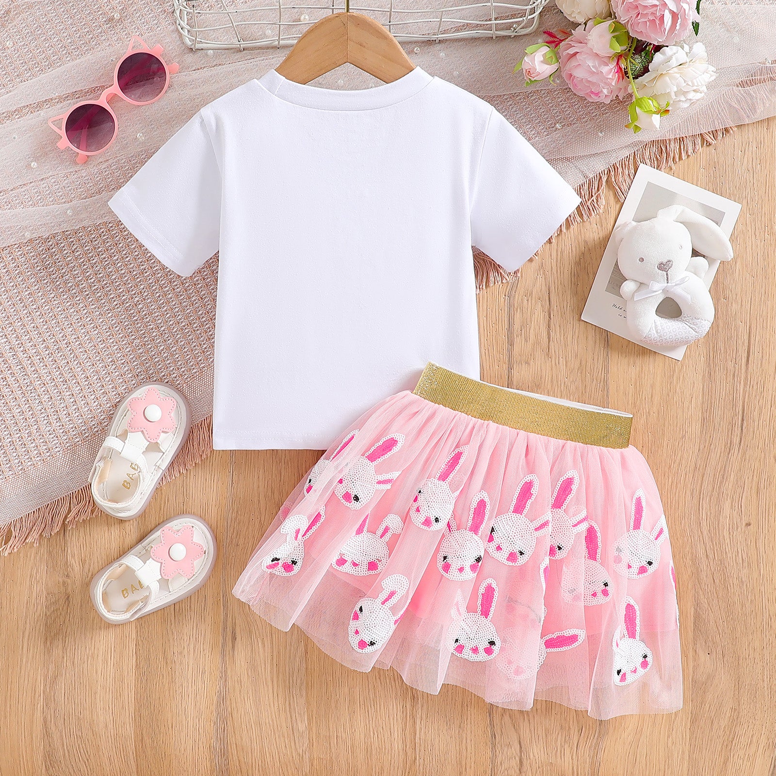 Girls Printed Round Neck T-shirt with Skirt