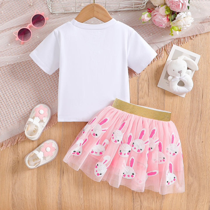 Girls Printed Round Neck T-shirt with Skirt