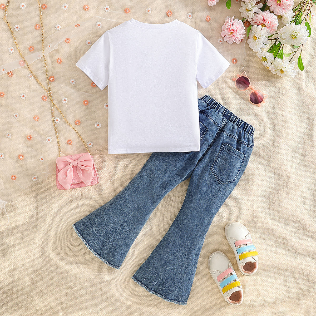 Girls Printed Round Neck Short Sleeves Top With Trousers