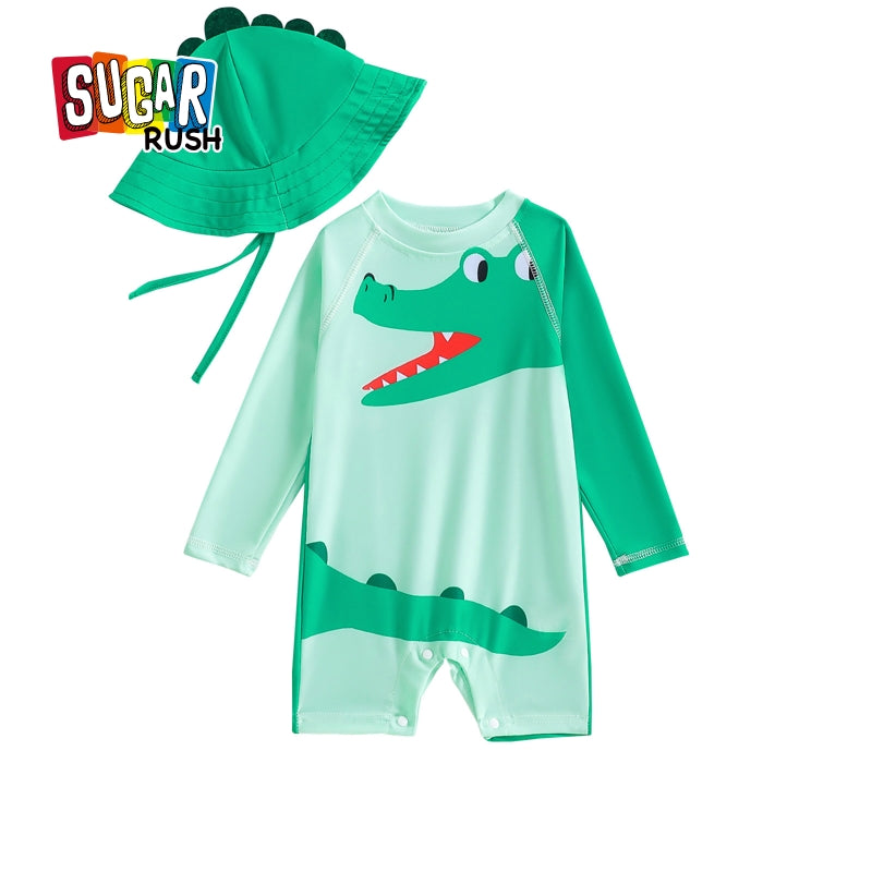 Boys Printed Round Neck Swimming Dress With Cap