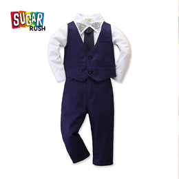 Boys Navy Blue Embellished Shirt with Trousers & Waistcoat