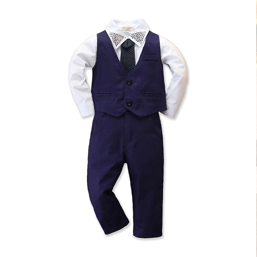 Boys Navy Blue Embellished Shirt with Trousers & Waistcoat