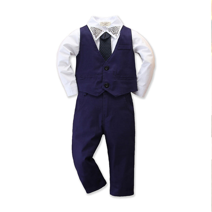 Boys Navy Blue Embellished Shirt with Trousers & Waistcoat