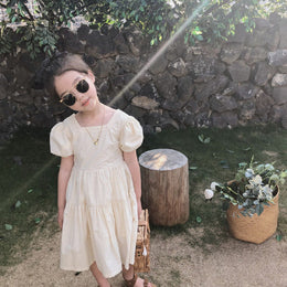 Girls Solid Choker Neck Gathered or Pleated Cotton A-Line Dress