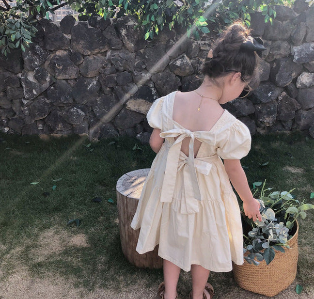 Girls Solid Choker Neck Gathered or Pleated Cotton A-Line Dress