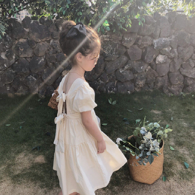 Girls Solid Choker Neck Gathered or Pleated Cotton A-Line Dress
