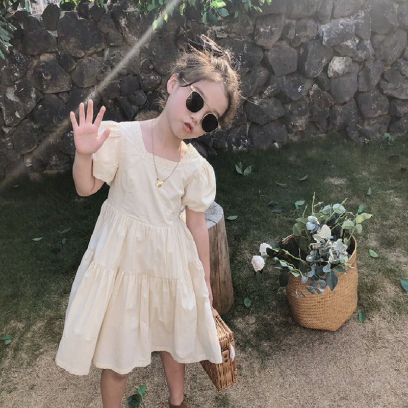 Girls Solid Choker Neck Gathered or Pleated Cotton A-Line Dress